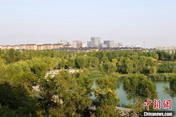 從完成頂層設計到如火如荼大規(guī)模建設，六年來，雄安新區(qū)如春天的竹子一般拔節(jié)生長，這座承載千年大計的“未來之城”已雄姿初顯。從“一張白紙”開始著墨，如今的雄安新區(qū)已是濃墨重彩的“山水畫”。<a target='_blank' href='/'>中新社</a>記者近日走訪了雄安新區(qū)多地，從“藍綠金”三色感受這座“未來之城”的巨大變化。圖為7月18日拍攝的河北雄安新區(qū)金湖公園。 <a target='_blank' href='/'>中新社</a>記者 易海菲 攝
