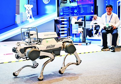  網(wǎng)絡(luò)安全博覽會上的企業(yè)展示電網(wǎng)巡線機器狗。新華社記者 鄧華攝