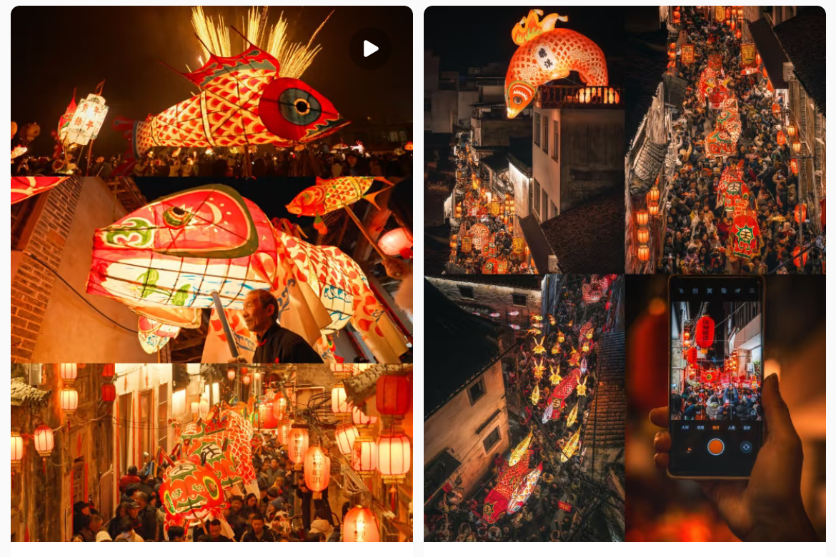 魚燈相關(guān)視頻、圖片獲得數(shù)萬點贊。社交媒體截圖